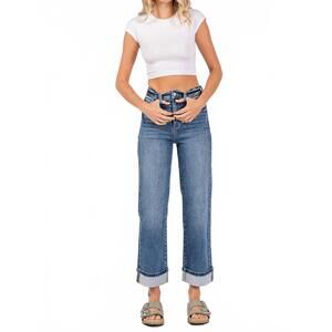 NEW PETRA153 high rise stretch relaxed straight with cuffed hem jeans in blue
